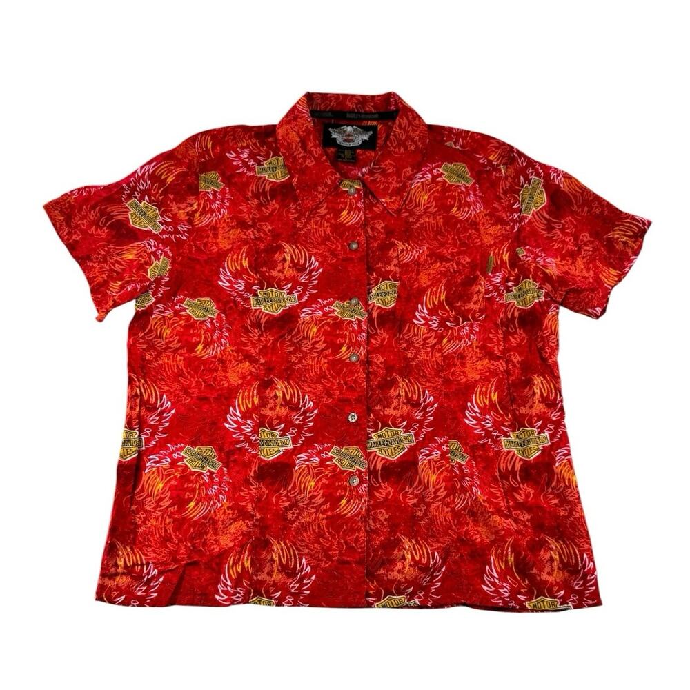 Harley Davidson Button Up Shirt Womens L Hawaiian Motorcycle Graphic Print Rayon